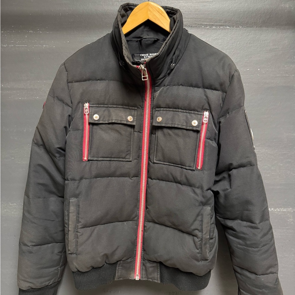 Moose Knuckles Black Puffer Jacket with Red Zippers
